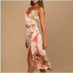 Lulus Women’s XS Pink Floral Remarkable Entrance Satin Midi Dress Formal NWT